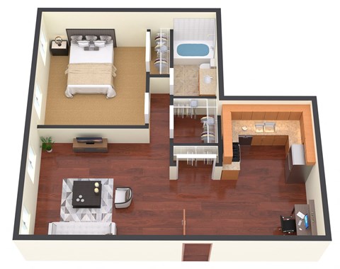 Floor plan for 1 bed, 1 bath, 574 sqft